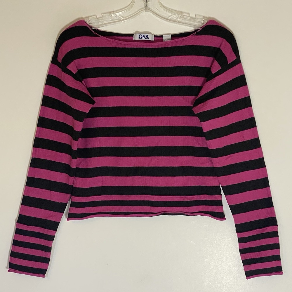 Q&A Sweater Womens Large Pink Black Striped Cropped Dolman Long Sleeve Boho Nice